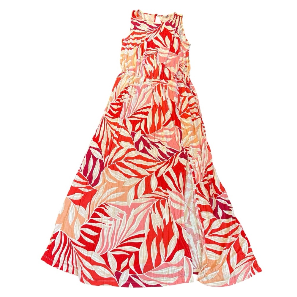 Lascana Maxi Dress US 12 Red Orange Tropical Leaf Print Sleeveless Resort‎ Beach